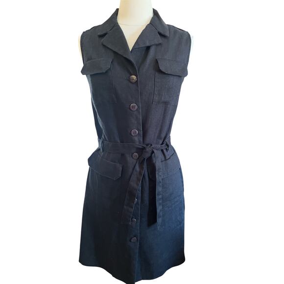 Thalian Dresses & Skirts - Vintage Thalian Black Linen button up Sleeveless Dress w/pockets & belt Size 8
